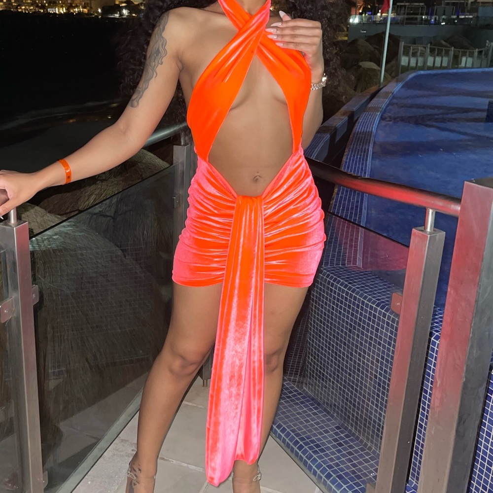 Neon orange custom made backless dress